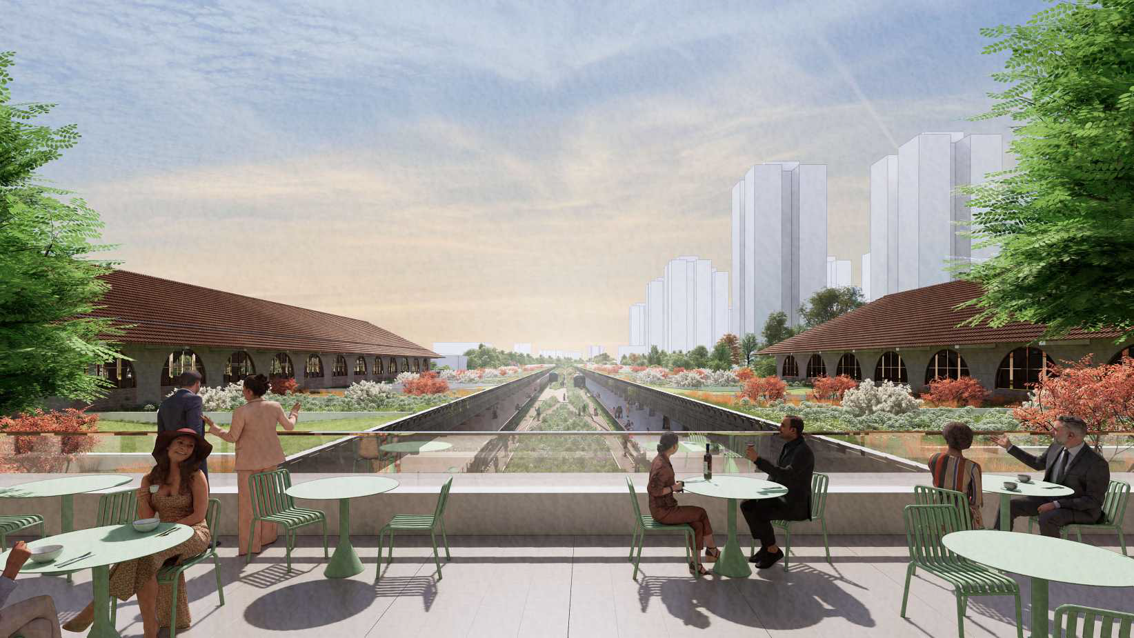 3D render of green lawn and roof at former Tanjong Pagar Railway Station 